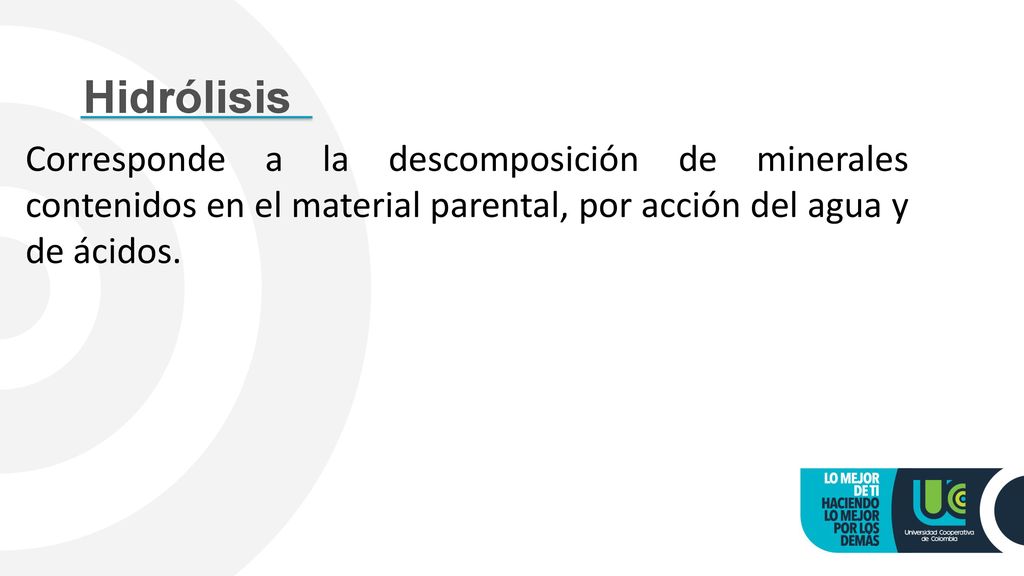 Hidrólisis Corresponde a la descomposición de minerales contenidos en el material parental, por acción del agua y de ácidos.