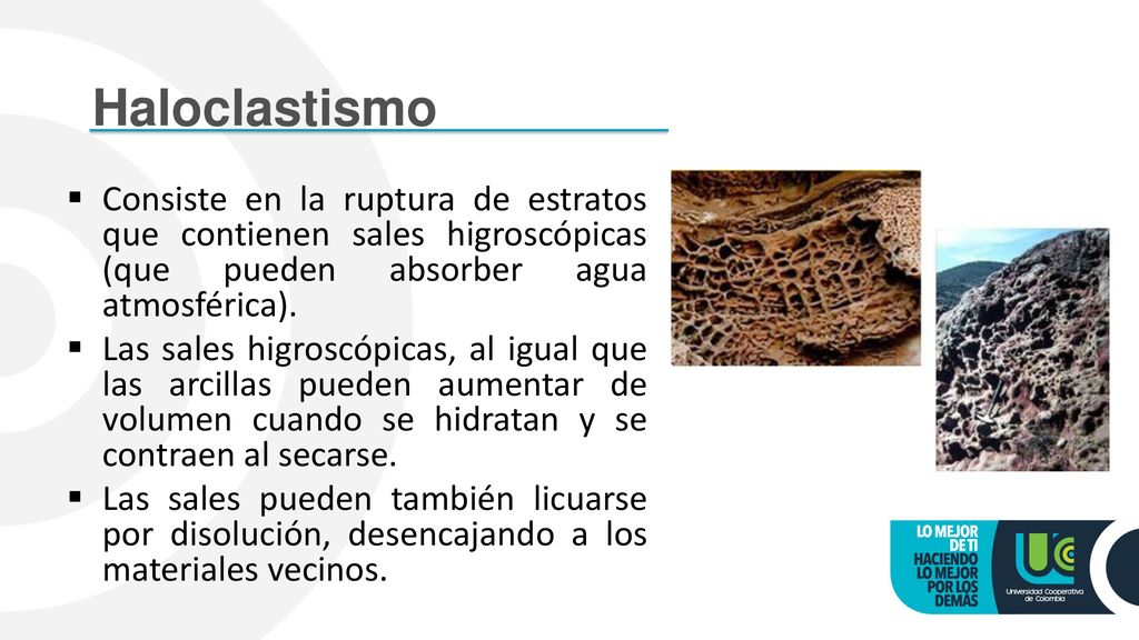 Haloclastismo Consiste en la ruptura de estratos que contienen sales higroscópicas (que pueden absorber agua atmosférica).