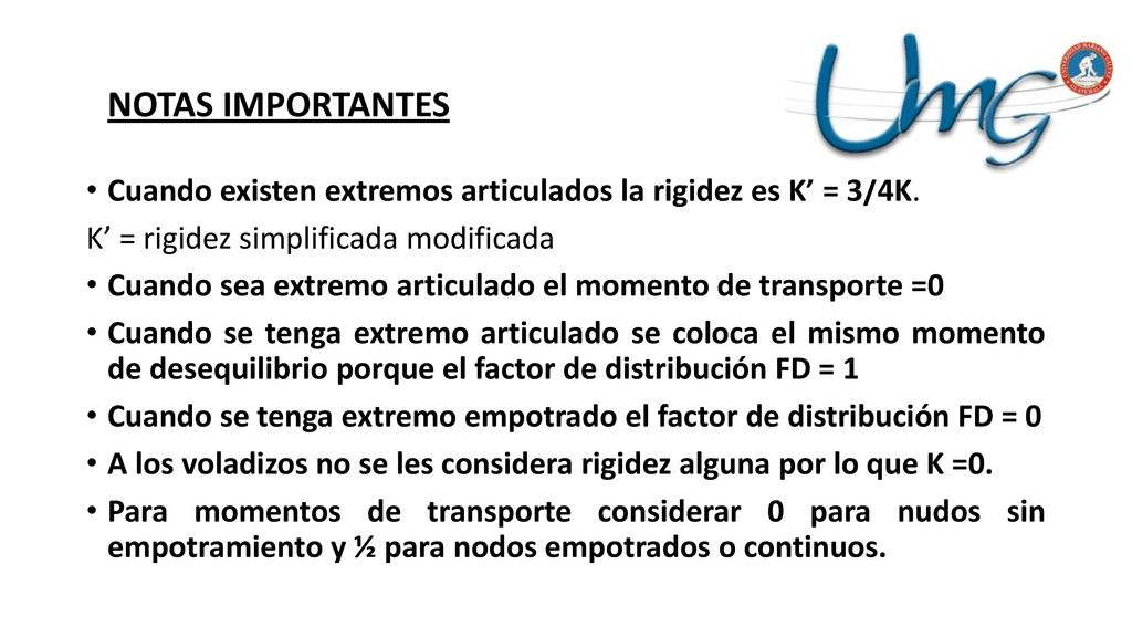 NOTAS IMPORTANTES Cuando existen extremos articulados la rigidez es K’ = 3/4K. K’ = rigidez simplificada modificada.