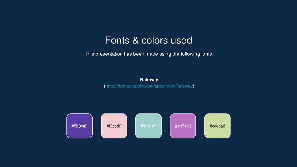 Fonts & colors used This presentation has been made using the following fonts: Raleway. (