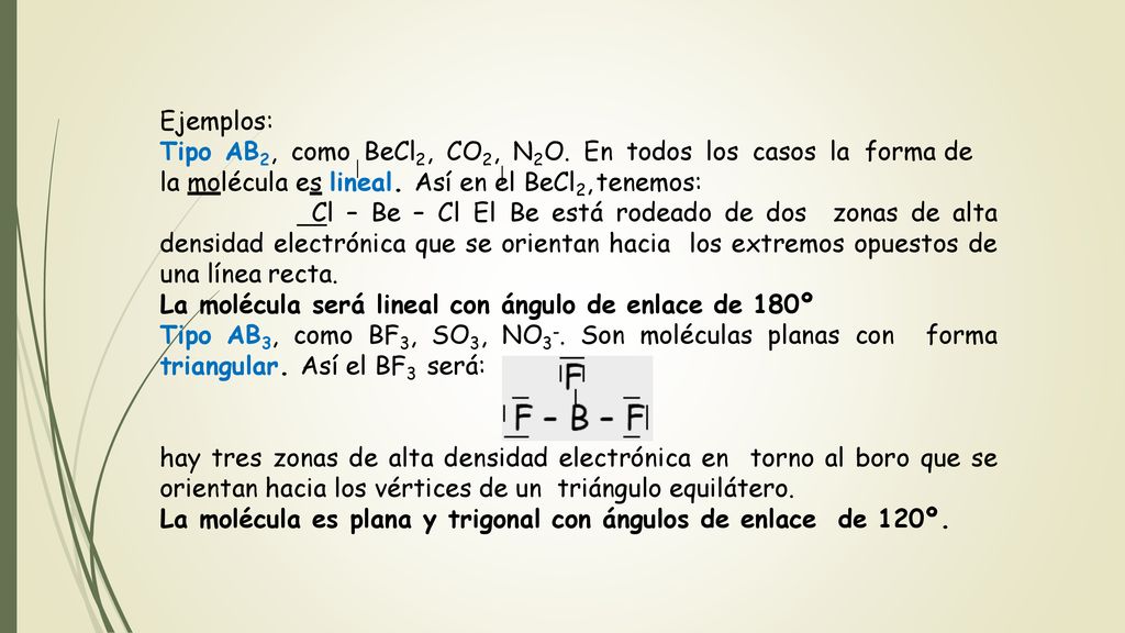 Ejemplos: Tipo AB2, como BeCl2, CO2, N2O. En todos los casos la forma de la molécula es lineal. Así en el BeCl2, tenemos: