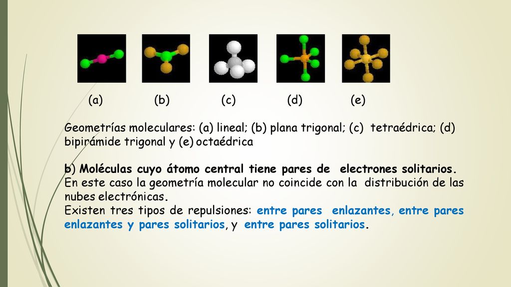 (a) (b) (c) (d) (e) Geometrías moleculares: (a) lineal; (b) plana trigonal; (c) tetraédrica; (d) bipirámide trigonal y (e) octaédrica.