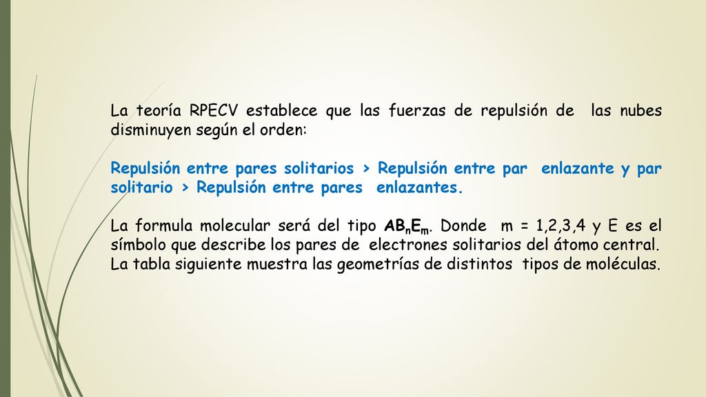 La teoría RPECV establece que las fuerzas de repulsión de las nubes disminuyen según el orden: