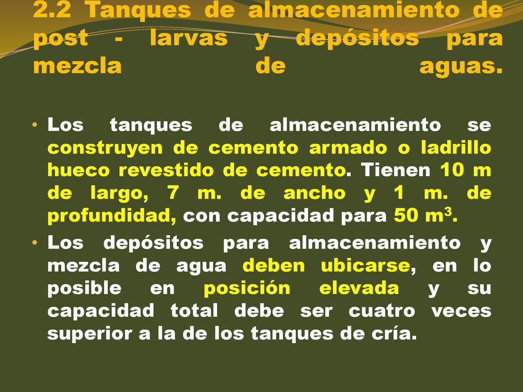 2.2 Tanques de almacenamiento de post - larvas y depósitos para mezcla de aguas.