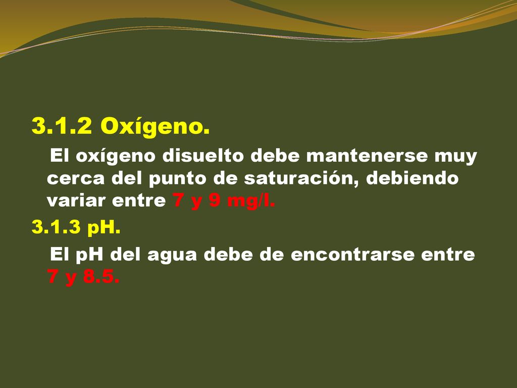 3.1.2 Oxígeno. El oxígeno disuelto debe mantenerse muy cerca del punto de saturación, debiendo variar entre 7 y 9 mg/l.