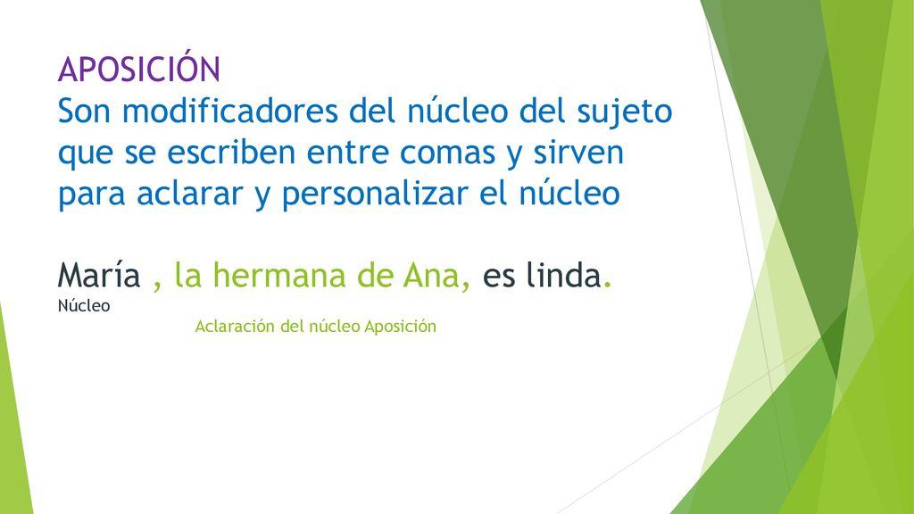 APOSICIÓN Son modificadores del núcleo del sujeto que se escriben entre comas y sirven para aclarar y personalizar el núcleo María , la hermana de Ana, es linda.