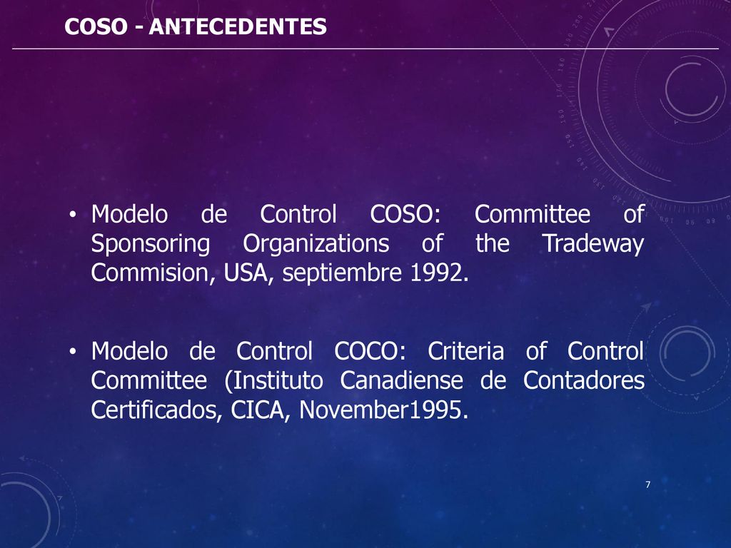 COSO - ANTECEDENTES Modelo de Control COSO: Committee of Sponsoring Organizations of the Tradeway Commision, USA, septiembre