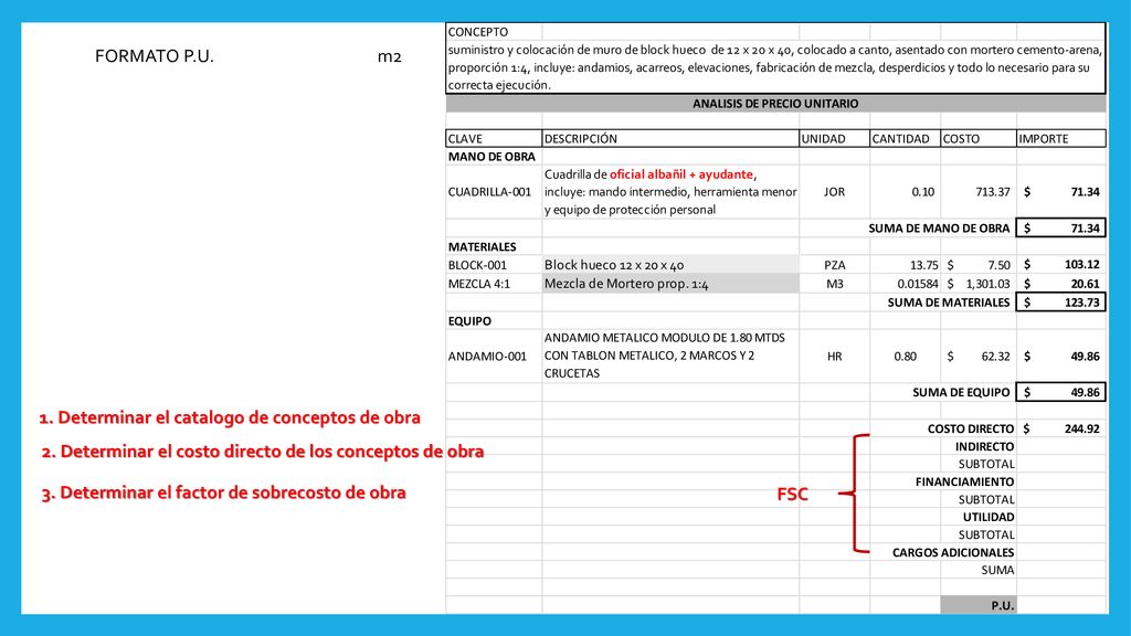 FORMATO P.U. m2. 1. Determinar el catalogo de conceptos de obra. 2. Determinar el costo directo de los conceptos de obra.