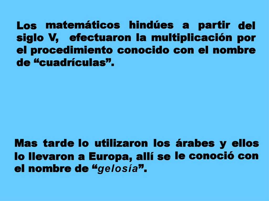 Los siglo. matemáticos. hindúes. a. partir. del. por. V, efectuaron. la. multiplicación. el procedimiento.