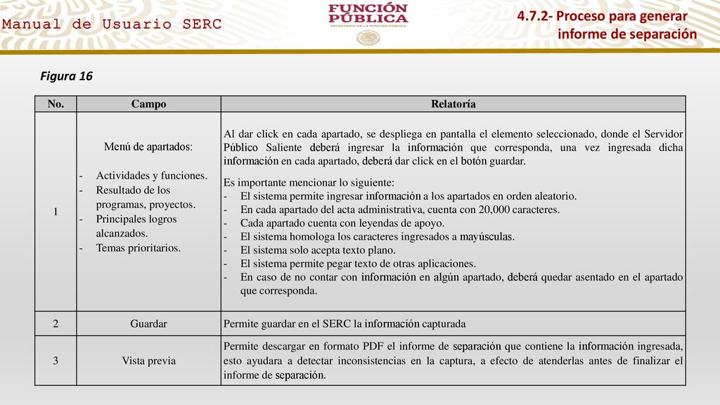 Proceso para generar informe de separación Figura 16 No. Campo