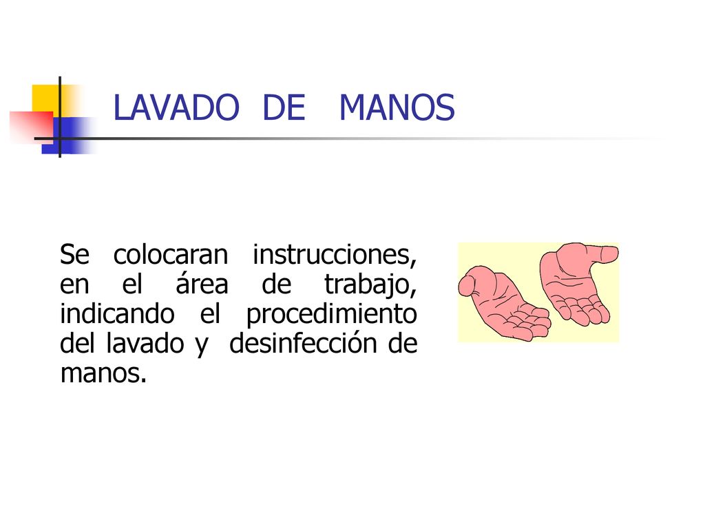 LAVADO DE MANOS Se colocaran instrucciones, en el área de trabajo, indicando el procedimiento del lavado y desinfección de manos.
