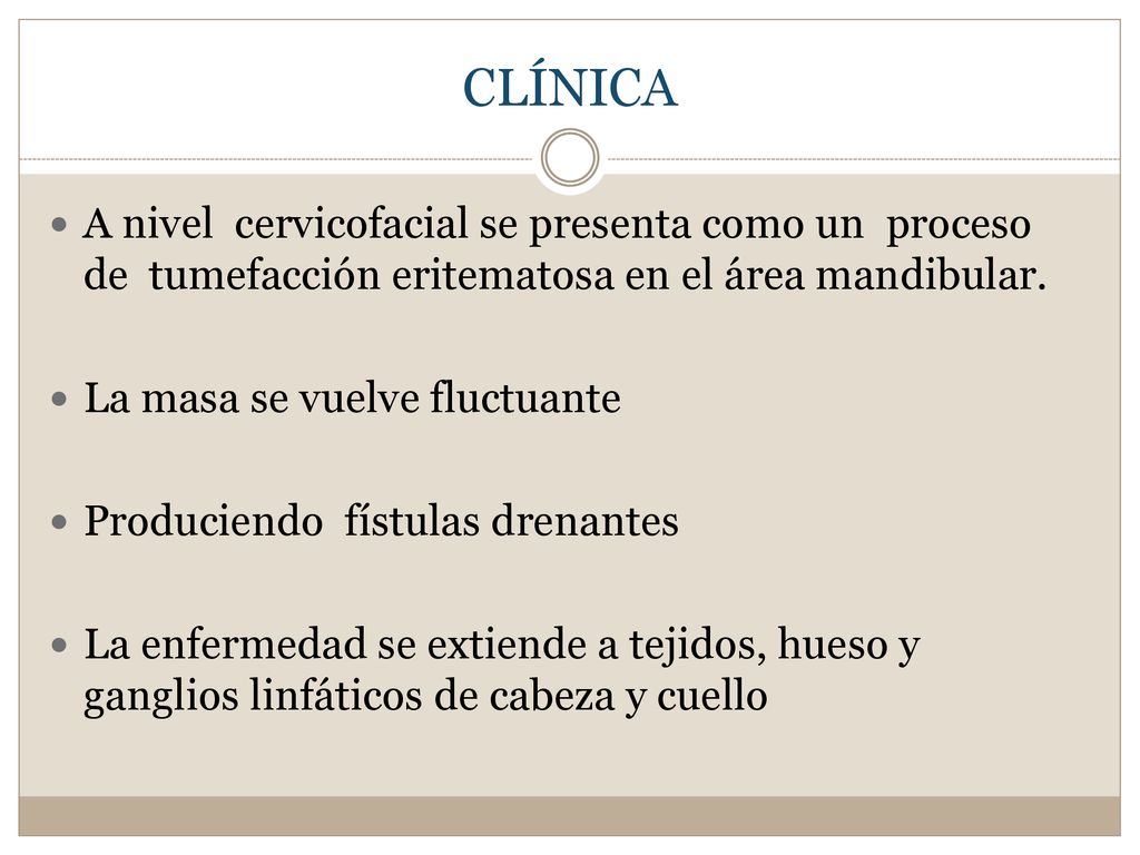 CLÍNICA A nivel cervicofacial se presenta como un proceso de tumefacción eritematosa en el área mandibular.