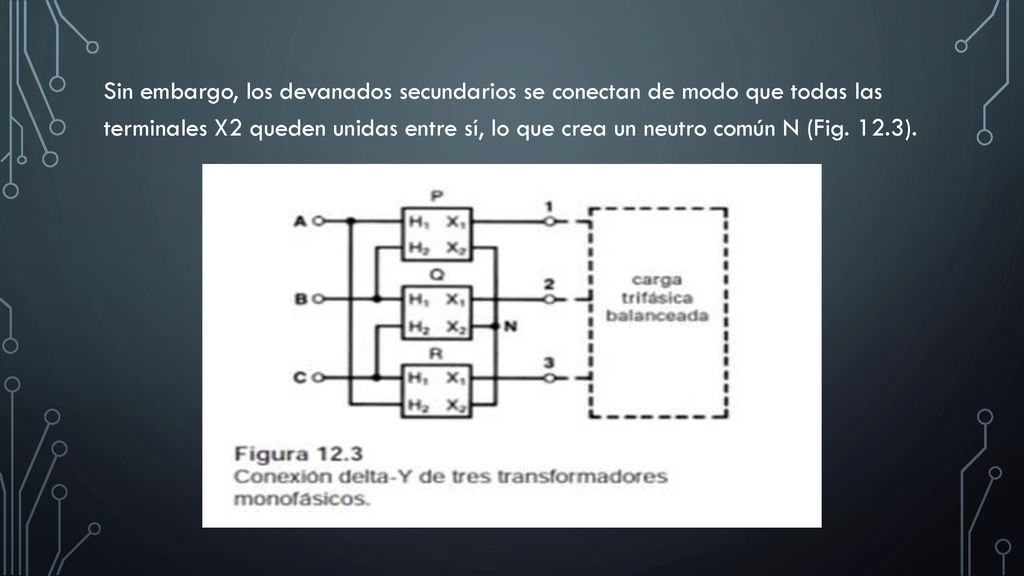 Sin embargo, los devanados secundarios se conectan de modo que todas las terminales X2 queden unidas entre sí, lo que crea un neutro común N (Fig.