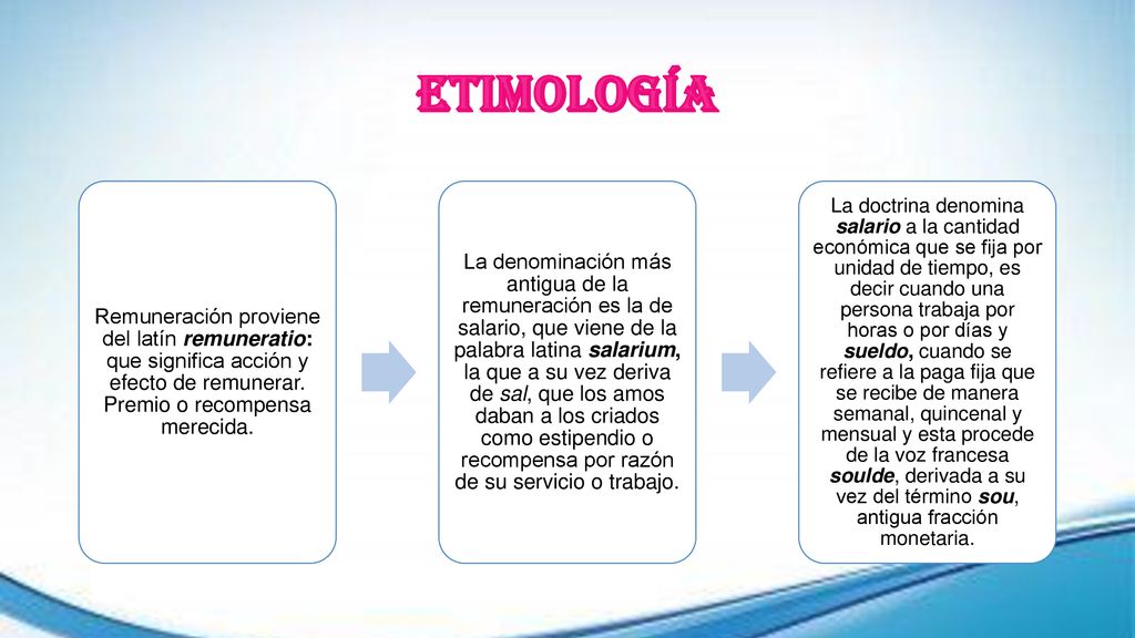 ETIMOLOGÍA Remuneración proviene del latín remuneratio: que significa acción y efecto de remunerar. Premio o recompensa merecida.