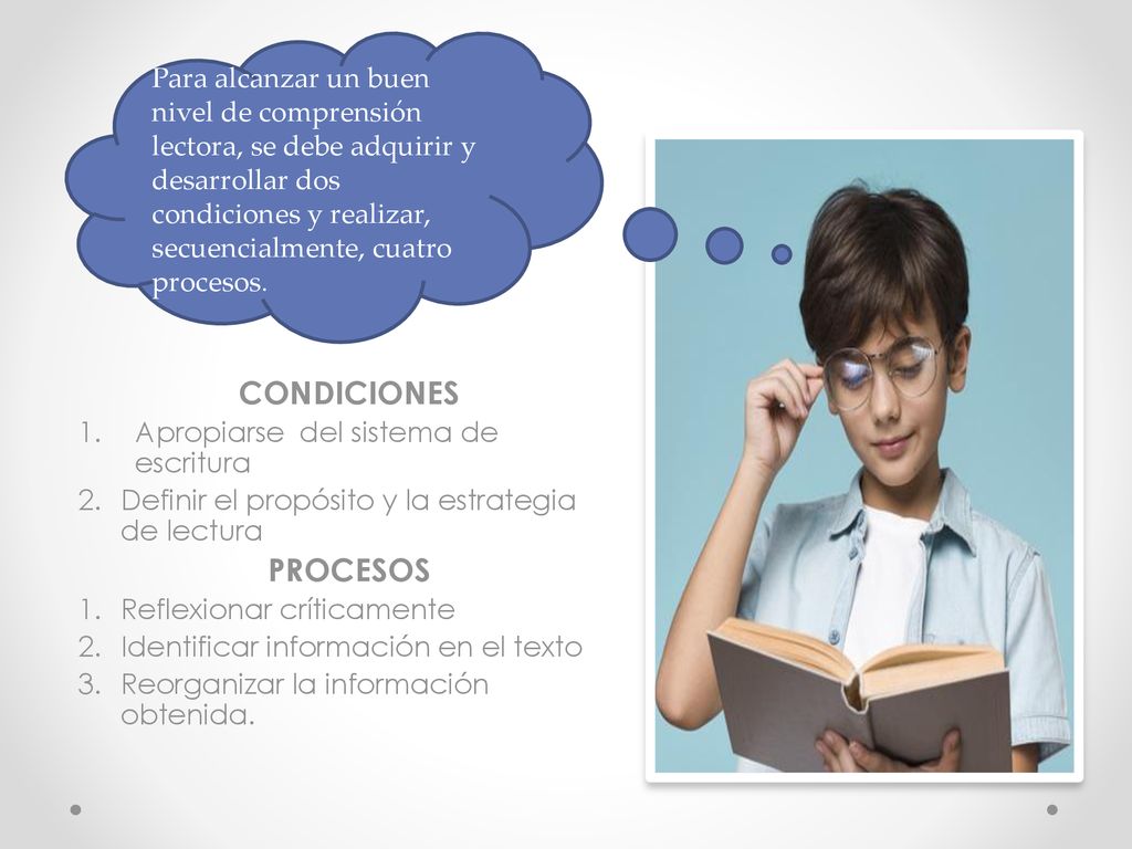 Para alcanzar un buen nivel de comprensión lectora, se debe adquirir y desarrollar dos condiciones y realizar, secuencialmente, cuatro procesos.