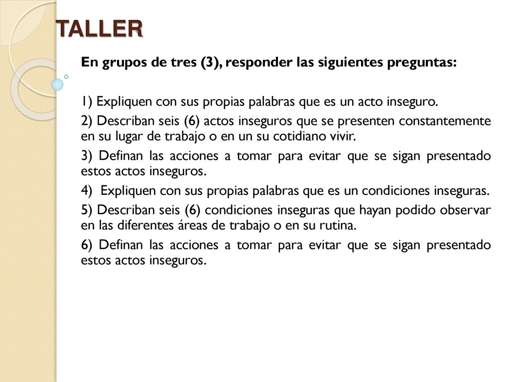 TALLER En grupos de tres (3), responder las siguientes preguntas: