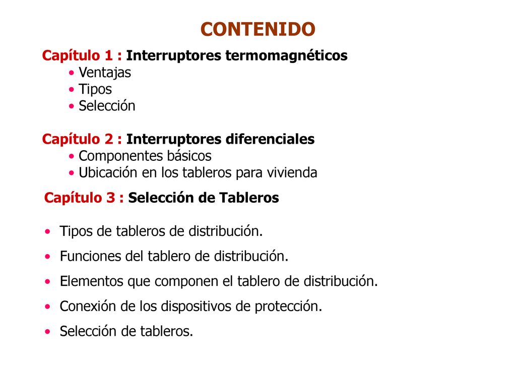 CONTENIDO Capítulo 1 : Interruptores termomagnéticos Ventajas Tipos