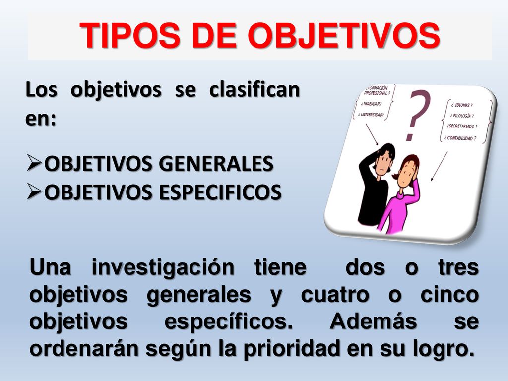 TIPOS DE OBJETIVOS Los objetivos se clasifican en: OBJETIVOS GENERALES