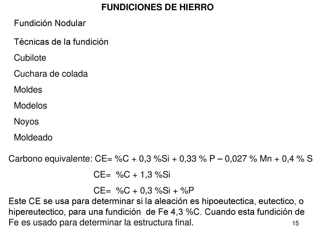FUNDICIONES DE HIERRO Fundición Nodular. Técnicas de la fundición. Cubilote. Cuchara de colada. Moldes.