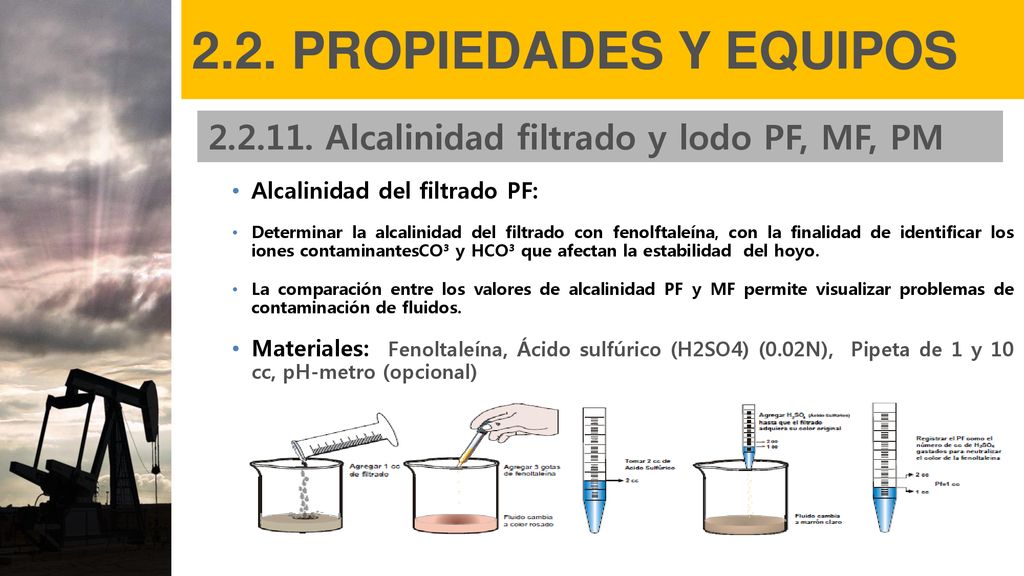 2.2. PROPIEDADES Y EQUIPOS Alcalinidad filtrado y lodo PF, MF, PM. Alcalinidad del filtrado PF: