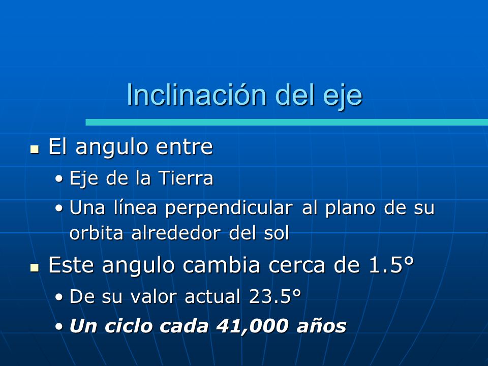 Inclinación del eje El angulo entre Este angulo cambia cerca de 1.5°