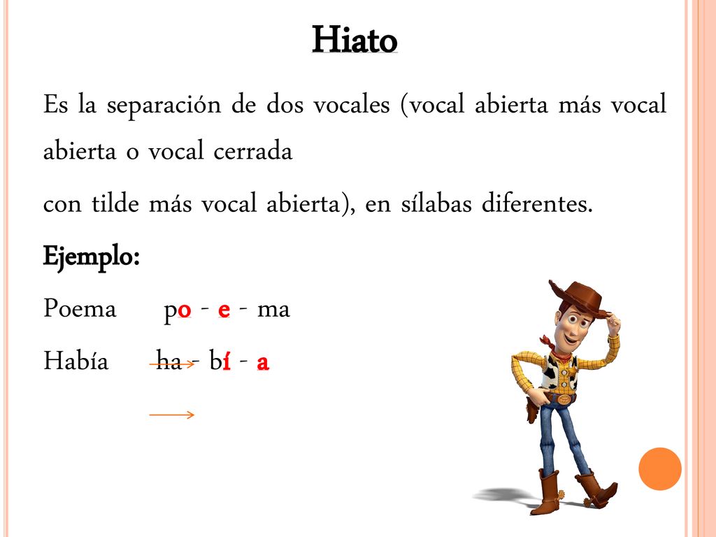 Hiato Es la separación de dos vocales (vocal abierta más vocal abierta o vocal cerrada. con tilde más vocal abierta), en sílabas diferentes.