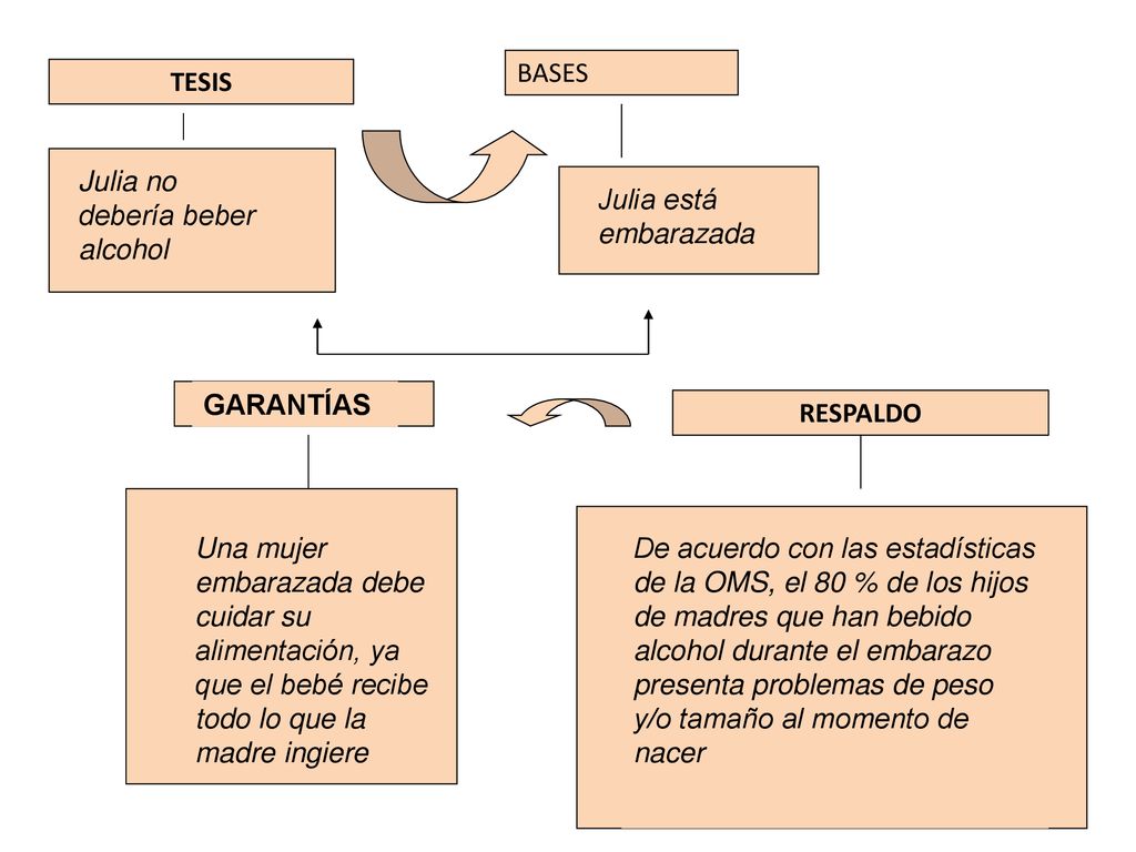 TESIS BASES. GARANTÍAS. RESPALDO. Julia no debería beber alcohol. Julia está embarazada.