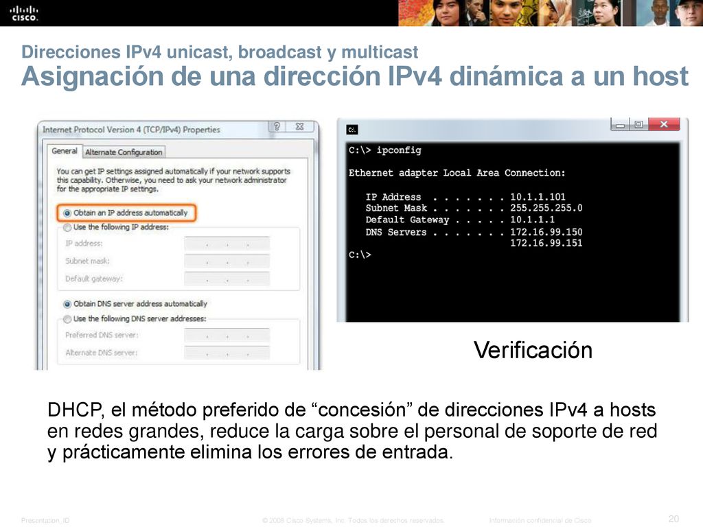 Direcciones IPv4 unicast, broadcast y multicast Asignación de una dirección IPv4 dinámica a un host