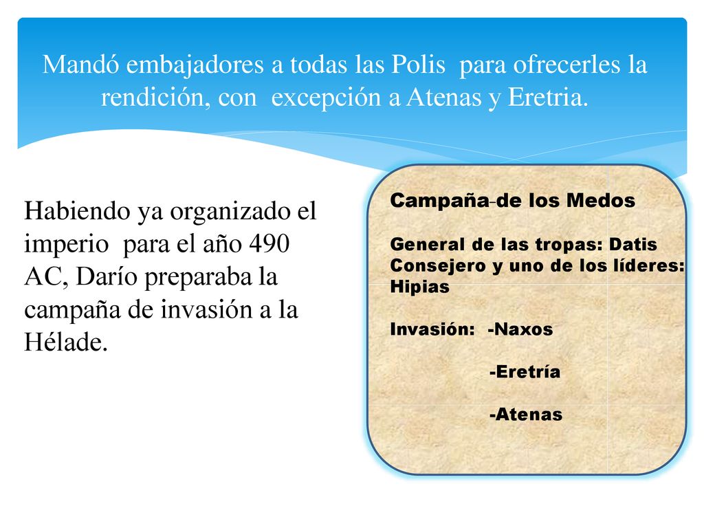 Mandó embajadores a todas las Polis para ofrecerles la rendición, con excepción a Atenas y Eretria.