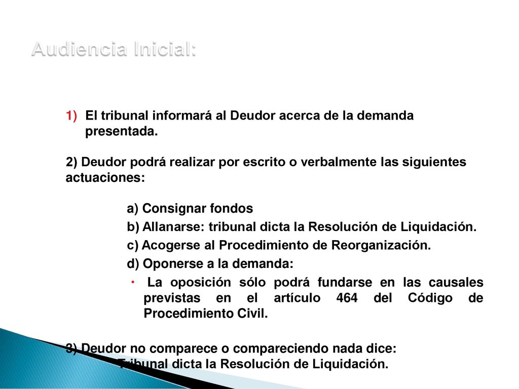 Audiencia Inicial: El tribunal informará al Deudor acerca de la demanda presentada.