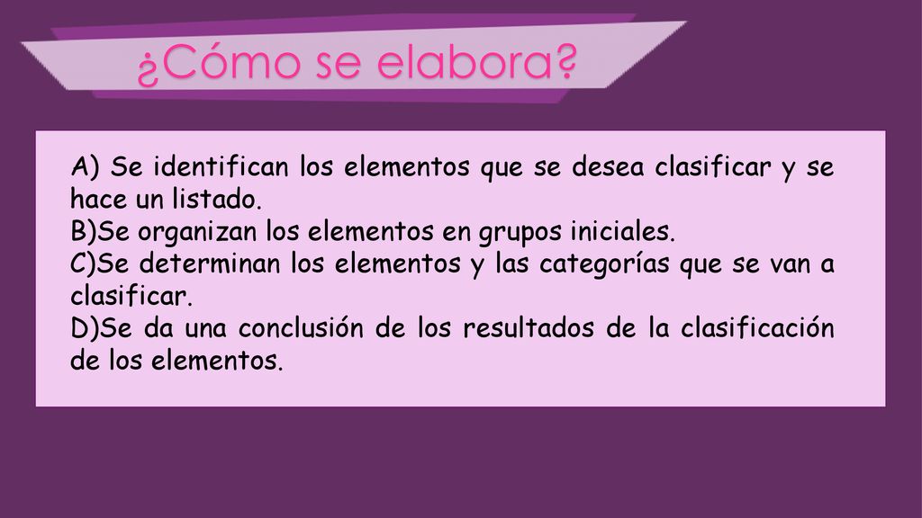¿Cómo se elabora A) Se identifican los elementos que se desea clasificar y se hace un listado. B)Se organizan los elementos en grupos iniciales.