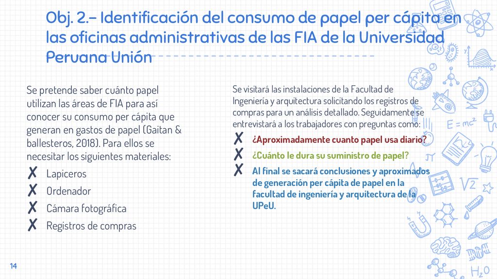 Obj. 2.- Identificación del consumo de papel per cápita en las oficinas administrativas de las FIA de la Universidad Peruana Unión