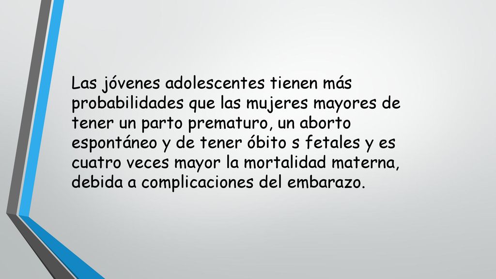 Las jóvenes adolescentes tienen más probabilidades que las mujeres mayores de tener un parto prematuro, un aborto espontáneo y de tener óbito s fetales y es cuatro veces mayor la mortalidad materna, debida a complicaciones del embarazo.