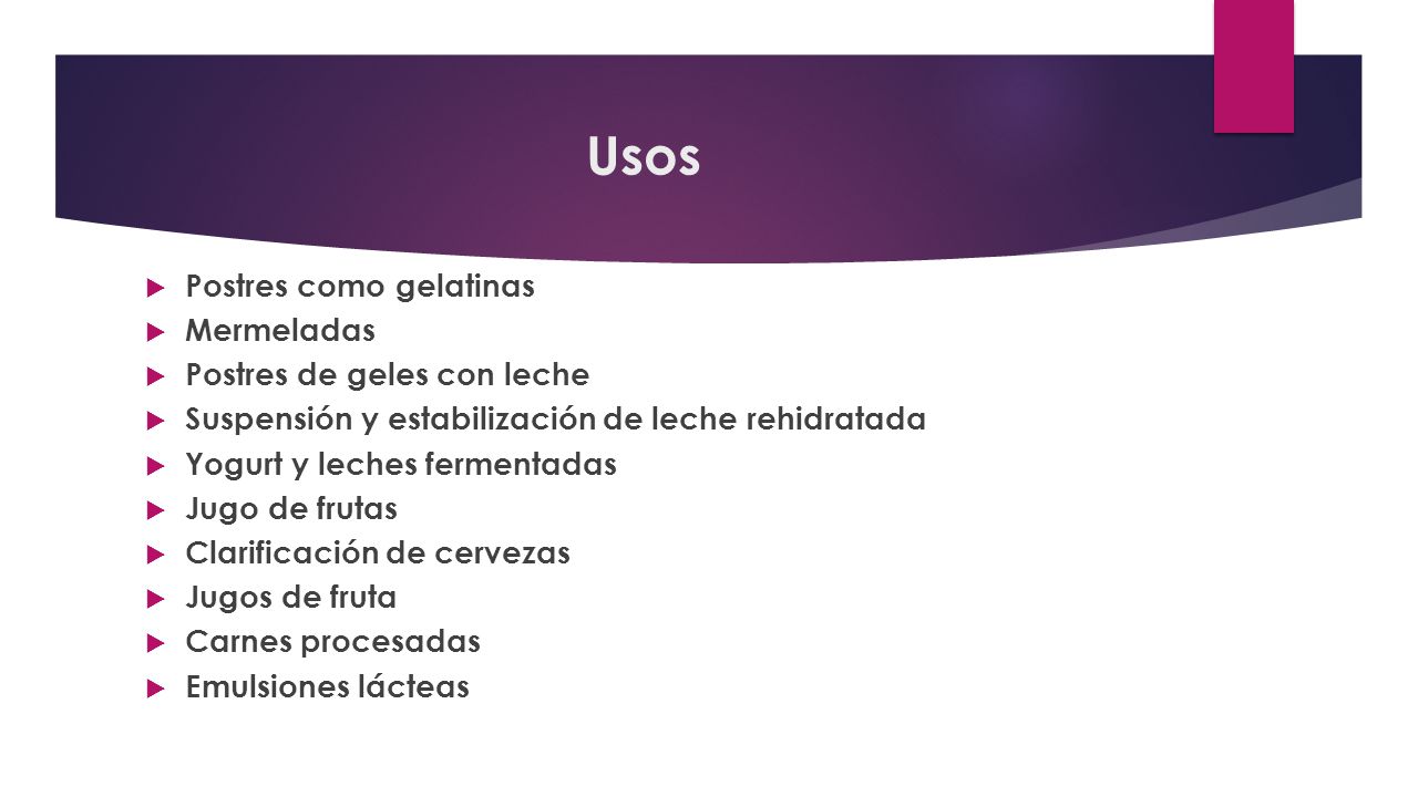 Usos Postres como gelatinas Mermeladas Postres de geles con leche
