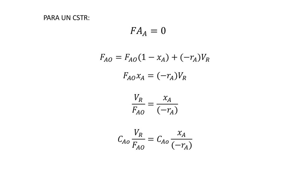 𝐹𝐴 𝐴 =0 𝐹 𝐴𝑂 = 𝐹 𝐴𝑂 (1− 𝑥 𝐴 )+(− 𝑟 𝐴 ) 𝑉 𝑅 𝐹 𝐴𝑂 𝑥 𝐴 =(− 𝑟 𝐴 ) 𝑉 𝑅