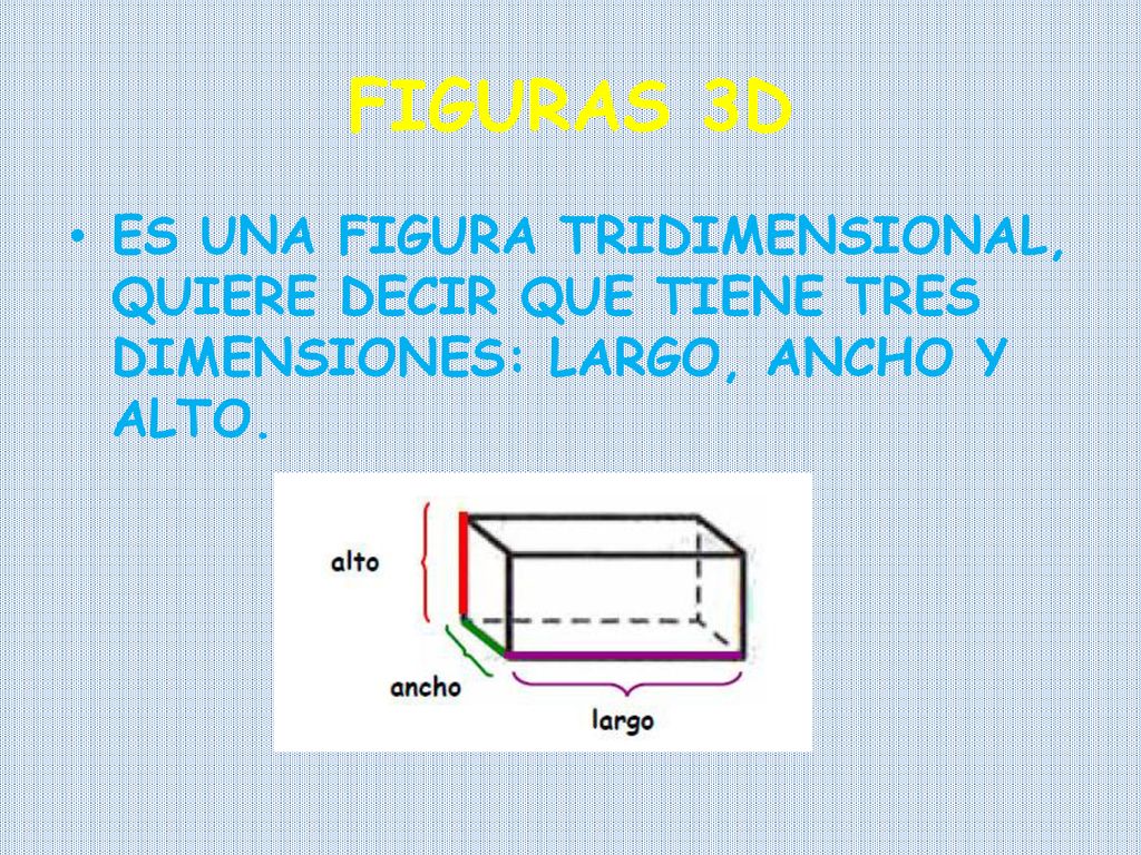 FIGURAS 3D ES UNA FIGURA TRIDIMENSIONAL, QUIERE DECIR QUE TIENE TRES DIMENSIONES: LARGO, ANCHO Y ALTO.