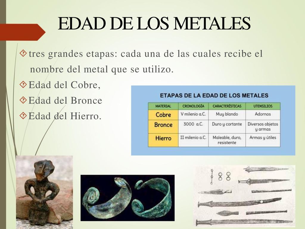 EDAD DE LOS METALES tres grandes etapas: cada una de las cuales recibe el. nombre del metal que se utilizo.