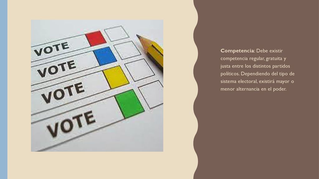Competencia: Debe existir competencia regular, gratuita y justa entre los distintos partidos políticos.