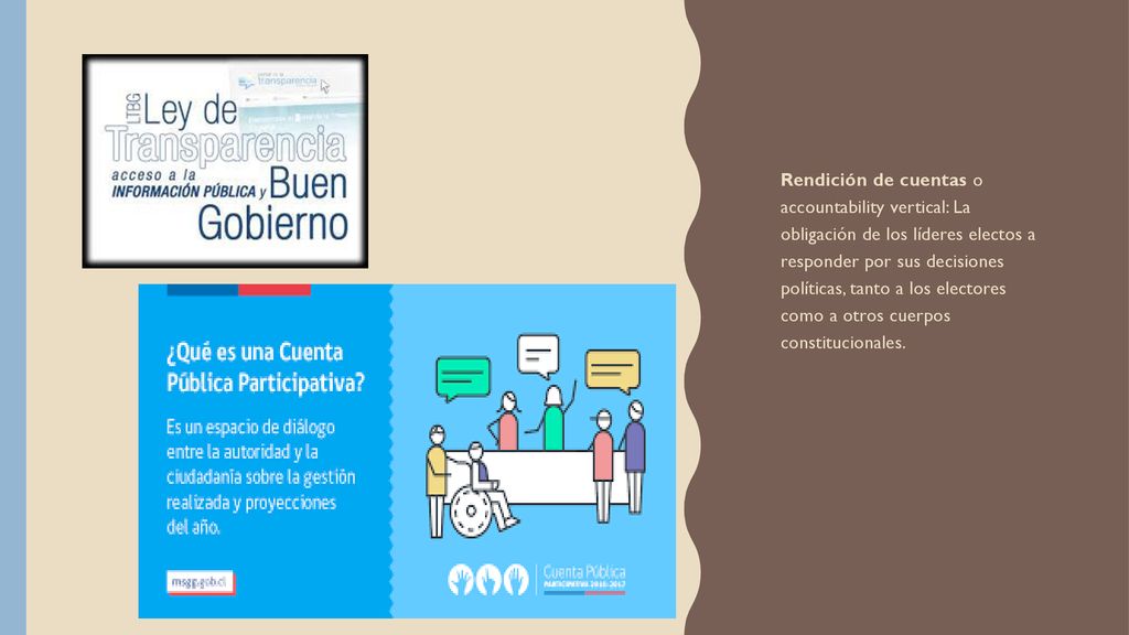 Rendición de cuentas o accountability vertical: La obligación de los líderes electos a responder por sus decisiones políticas, tanto a los electores como a otros cuerpos constitucionales.