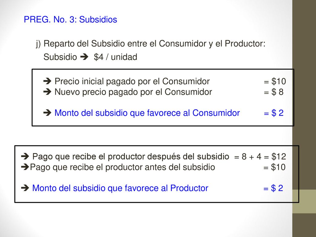 PREG. No. 3: Subsidios j) Reparto del Subsidio entre el Consumidor y el Productor: Subsidio  $4 / unidad.