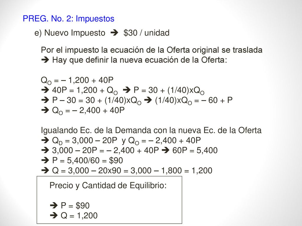 PREG. No. 2: Impuestos e) Nuevo Impuesto  $30 / unidad. Por el impuesto la ecuación de la Oferta original se traslada.