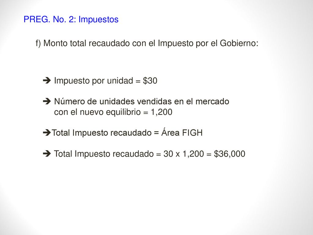 PREG. No. 2: Impuestos f) Monto total recaudado con el Impuesto por el Gobierno:  Impuesto por unidad = $30.