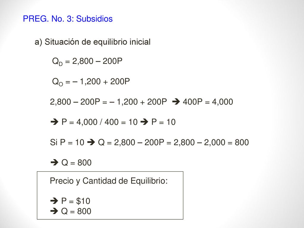 PREG. No. 3: Subsidios a) Situación de equilibrio inicial. QD = 2,800 – 200P. QO = – 1, P.