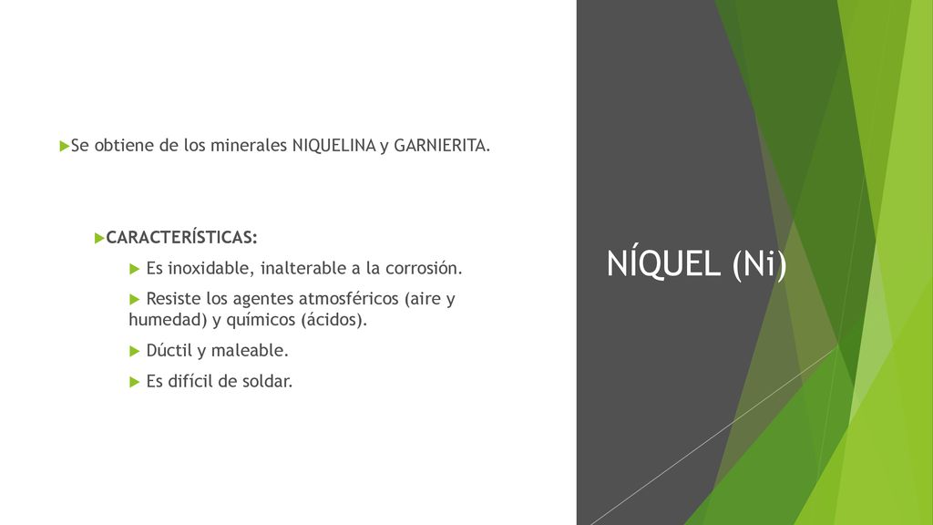 NÍQUEL (Ni) Se obtiene de los minerales NIQUELINA y GARNIERITA.