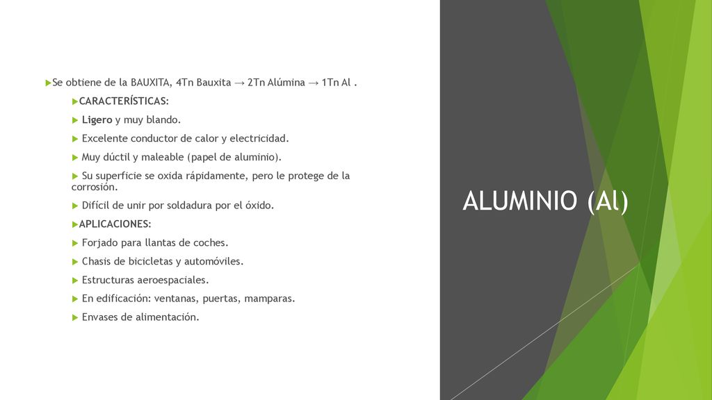 Se obtiene de la BAUXITA, 4Tn Bauxita → 2Tn Alúmina → 1Tn Al .
