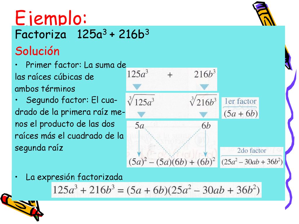 Ejemplo: Factoriza 125a b3 Solución Primer factor: La suma de