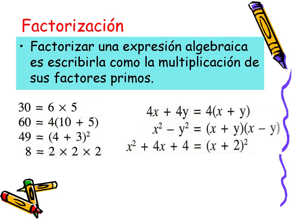 Factorización Factorizar una expresión algebraica es escribirla como la multiplicación de sus factores primos.