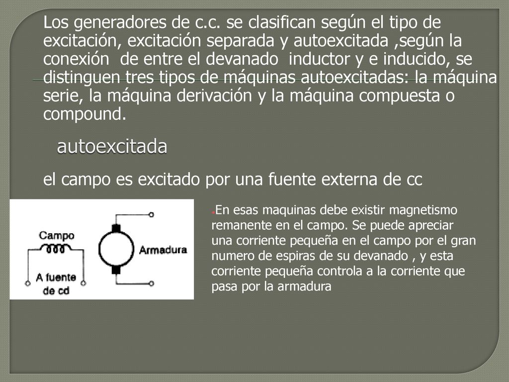 Los generadores de c.c. se clasifican según el tipo de excitación, excitación separada y autoexcitada ,según la conexión de entre el devanado inductor y e inducido, se distinguen tres tipos de máquinas autoexcitadas: la máquina serie, la máquina derivación y la máquina compuesta o compound.
