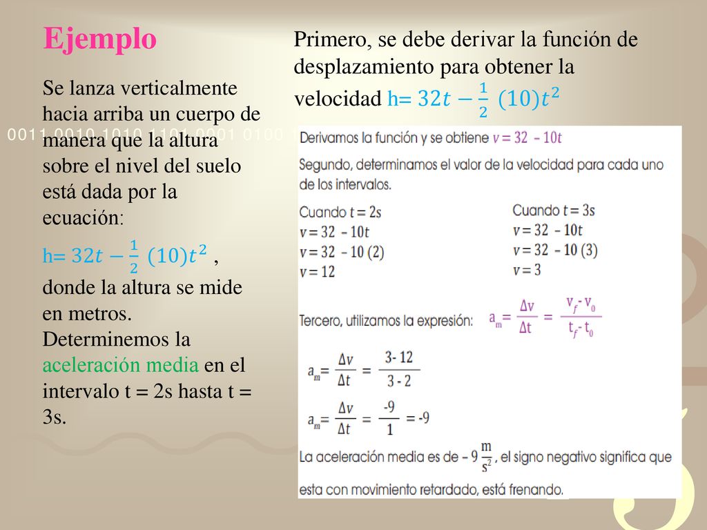 Ejemplo Primero, se debe derivar la función de desplazamiento para obtener la velocidad h= 32𝑡− 1 2 (10) 𝑡 2.