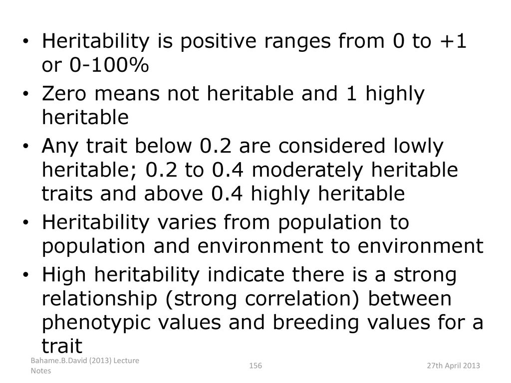 Heritability is positive ranges from 0 to +1 or 0-100%